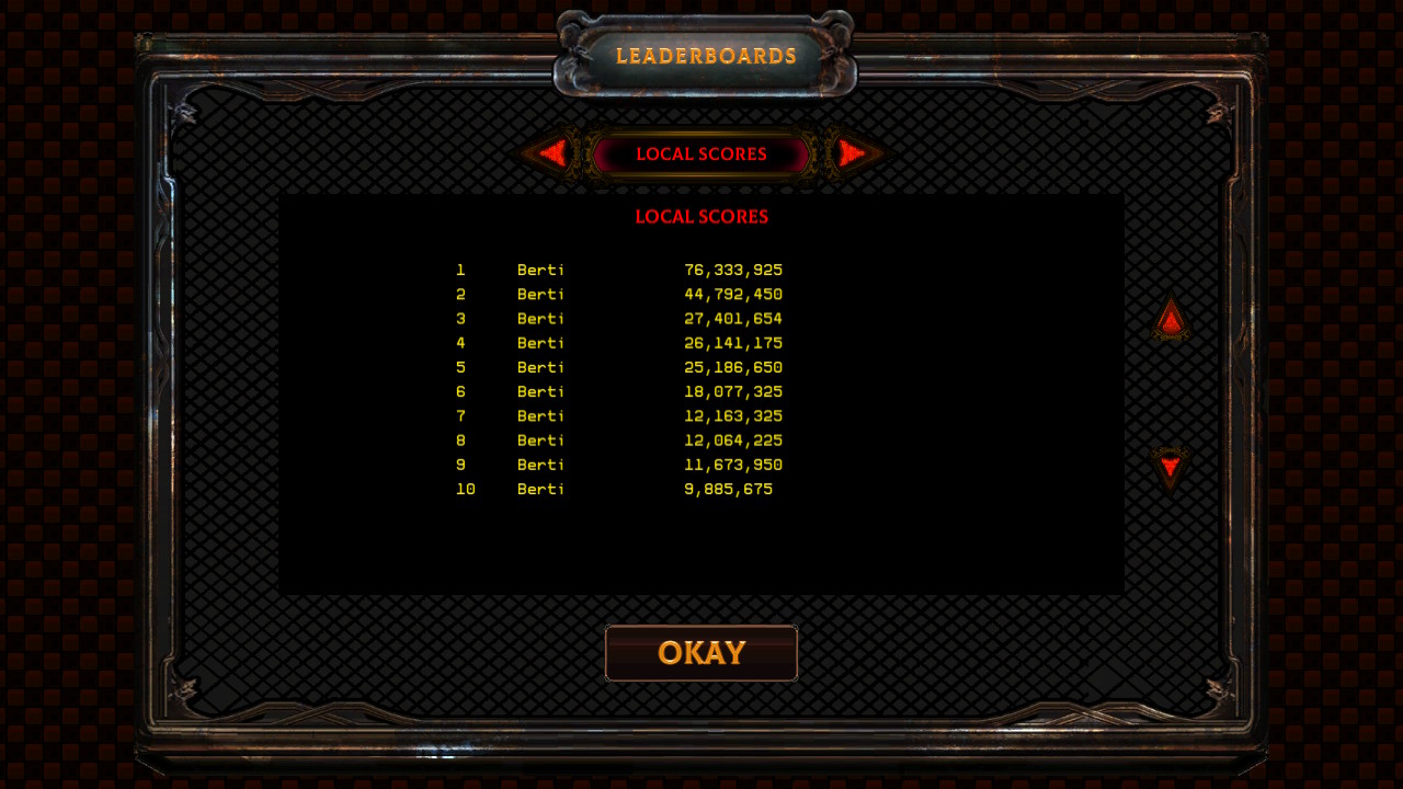 Screenshot: Demon’s Tilt local leaderboards for the Normal mode showing Berti at 1st place with a score of 76 333 925